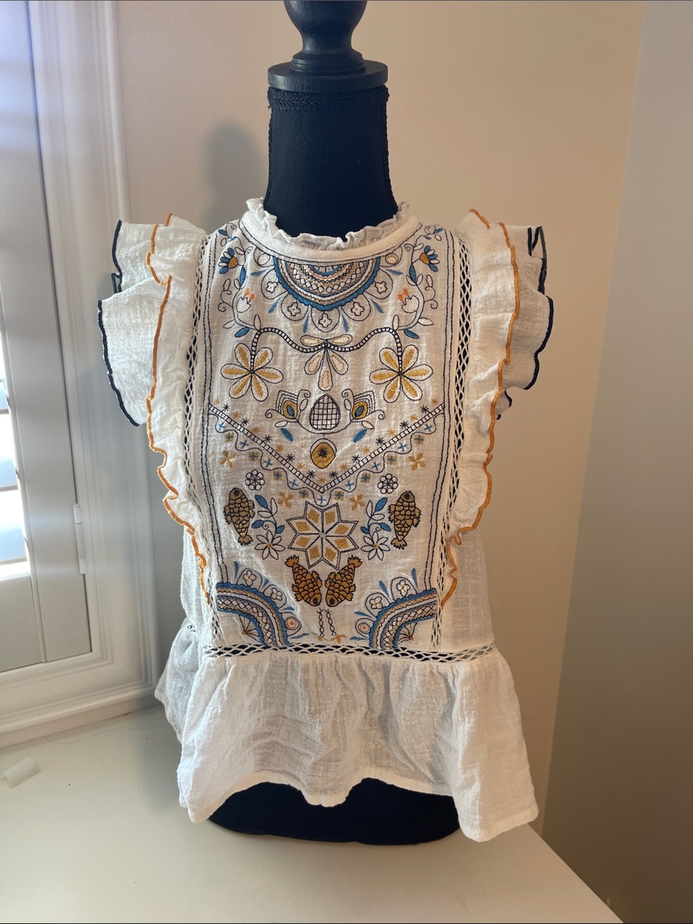 Piper & Scoot Embroidered Ruffle Sleeve Cotton Top with Blue & Yellow Accent